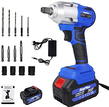 Huini Battery Impact Wrench - 420 Nm Rotary Impact Wrench, 1/2 Inch Drill Chuck Impact Wrench (18 V 6.0 Ah Battery) Built-in LED Work Light, 4 Sockets & Transport Case - 2 Batteries