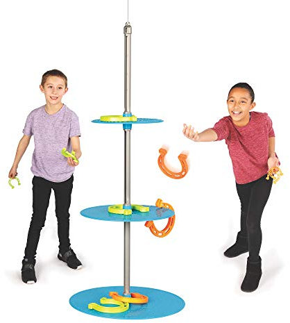 Fat Brain Toys Horseshoe Throwing Game: Hufeisenwerfen Spiel, Zielstange mit Plattformen und Türrahmenaufhänger, 8 Hufeisen in Orange und Grün, ab 6 Jahre, innen und außen spielbar