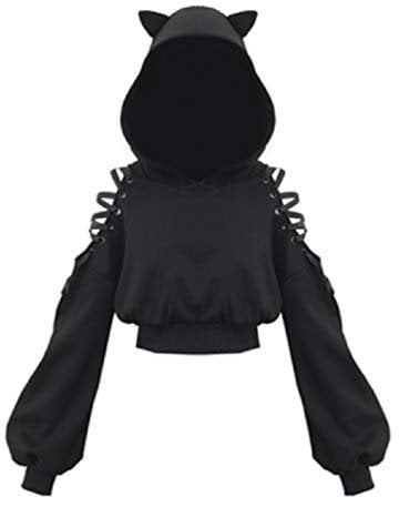 Womens Cat Ears Black Hoodie Long Sleeve Sweatshirt Cute Casual Hollow Out Pullover Short Tops Blouse Crop
