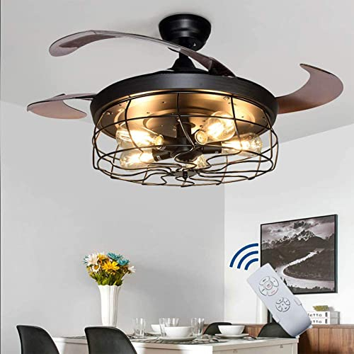 Depuley Ventilatore da Soffitto a LED con Luce e Telecomando E27, 3 Ali Retrattili, Ultra Silenzioso Regolabile a 3 Velocità, Vintage Plafoniera da 5 Luci con Timer per Soggiorno (senza lampadina)