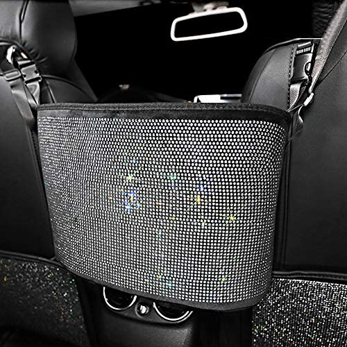 eing Crystal Car Organizers and Storage Purse Holder, Car Seat Back Net Handbag Accessories with Bling Diamonds for Women, Car Pet Barrier for Dogs and Kids,White