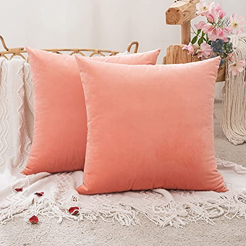 MIULEE 2er Set Samt Kissenbezug Kissenhülle Dekorative Dekokissen mit Verstecktem Reißverschluss Sofa Schlafzimmer, 18x18Inch 45x45cm, Korallrot