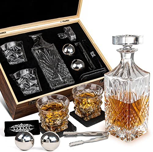 Whiskey Decanter Set, Whiskey Stones Gift Set for Men, Gifts Box with Reusable Stainless Steel Balls, Glasses, Decanter, Slate Coasters and Tongs for Dad, Boyfriend