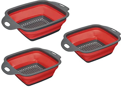 sourcing map Juego de colador plegable, 3 piezas de colador cuadrado de silicona plegable adecuado para pasta, verduras, frutas, rojo, 1 grande, 2 pequeños