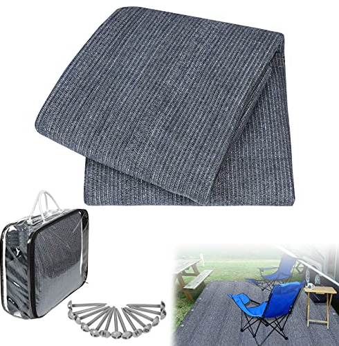 XMTECH Vorzeltteppich hochwertiger Camping Teppich 300x600cm, Zeltteppich Zeltunterlage bläulich-grau, Teppich für Zelt Wohnmobil aus HDPE, Outdoor Campingmatte inkl Tragetasche & 19 Heringe