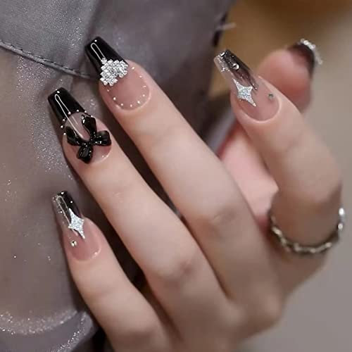 RUNRAYAY Black French Long Fake Nail, Press On False Nails with Bow Nail Rhinestones, Nude Coffin Acrylic Full Cover Nails Tips for Women & Girls 24Pcs