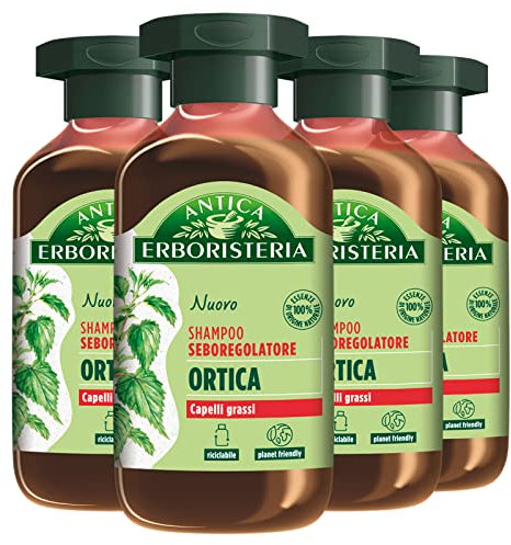 4x Antica Erboristeria Shampoo Seboregolatore all'Ortica per Capelli Grassi Formula Vegan Senza Siliconi e Coloranti - 4 Flaconi da 250ml