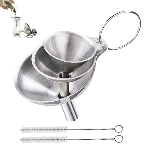 Lemotoy Entonnoir en acier inoxydable, 3 pièces pour la cuisine avec poignée, petit entonnoir pour transférer des liquides et des poudres, avec 2 brosses de nettoyage