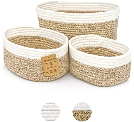HIDEBLOOM | Aufbewahrungskörbe | Badorganizer | 3er Set | Weiß/Braun | Küchen Organizer | Strickkorb | Baumwollkorb | Badezimmer Organizer | Korb Geflochten | Schminktisch Organizer