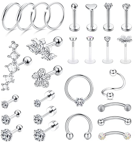 LOLIAS 27 Stück Helix Tragus Piercing Ohrringe für Frauen Männer Edelstahl Creolen Muschel Piercing Ohr Schmuck Nase Lippen Clicker Ring CZ Langhantel Piercing Set für Mädchen Geschenk