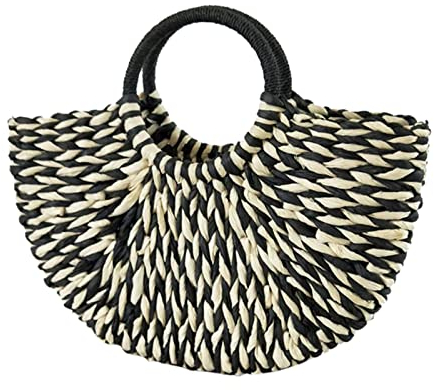 F Fityle Bolso tejido a mano para mujer, bolso de verano, bolso de mano, cartera, bolso de paja para viaje, en blanco y negro