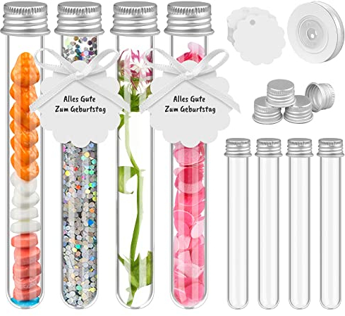 Mocraft 30 Stück Reagenzgläser mit Schraubverschlus Mini Reagenzglas Plastik für Blumen Transparent Kunststoff Reagenzglas mit Kraftpapieranhänger für Süßigkeiten, Hochzeitsgeschenk