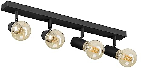K-Bright Deckenstrahler 4 Flammig, Deckenleuchte Strahler Schwenkbar, Vintage Deckenlampe E27, Spotleuchte Drehbar Deckenspots für Wohnzimmer, Schlafzimmer,Schwarz,Ohne Leuchtmitte