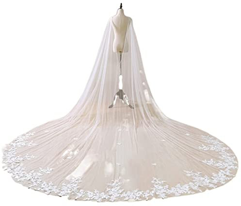 VRONIS Bridal Veil, Weiß Elfenbein Hochzeit Zubehör Spitze Applikationen Braut Schulter Schleier Kathedrale Tüll Langer Umhang Umhang Schal Cape Schleier (Color : Off white, Size : 300cm)