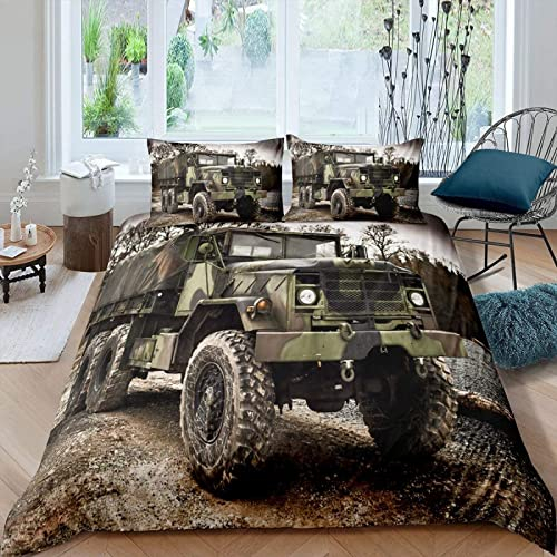 TAKOLI Bettwäsche 135 x 200 3D Camouflage Auto Druck, Weiche Microfaser Armee Truppentransporter Bettwäsche Set 2 teilig - Militär LKWs Bettbezug & 1 Kissenbezüg 80x80, mit Reißverschluss