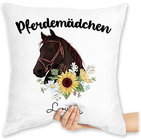 Kissen 40x40 Zierkissen - Pferd - Pferdekopf mit Name personalisiert I Geschenk Pferdemädchen I Geldgeschenk Pferde Mädchen - 40 x 40 cm - Weiß - pferdekissen Reiter pferden kopfkissen