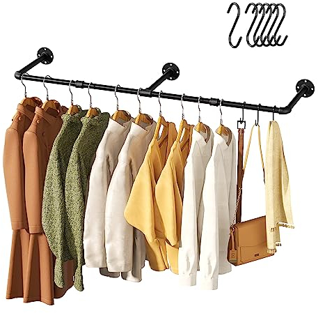 Vintage Clothes Rail, 55 Industrial Pipe Wall Mount Garment Rack, Space-Saving Heavy Duty Clothes Hanger for Closet Storage, 3 Bases, 1-Pack with 6 S-Hooks