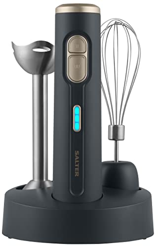 Salter EK5394BGRY 2-in-1 Cordless Blender - Includes Stainless Steel Balloon Whisk & Blending Rod Attachments, Rechargeable 10.8V Battery, Non-Slip Base, LED Light Indicator, Type C Charging Cable