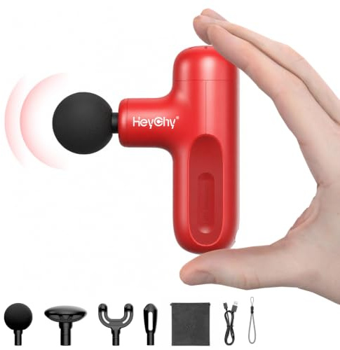 HEYCHY Mini Massagepistole Massagegerät, 4 Aufsätze 5 Stufen, Rot | 3000 RPM, Tiefenmassage Nacken Rücken Schulter, Leise Tragbar USB, Geschenk Männer Frauen Anfänger Sportler, Zuhause Outdoor