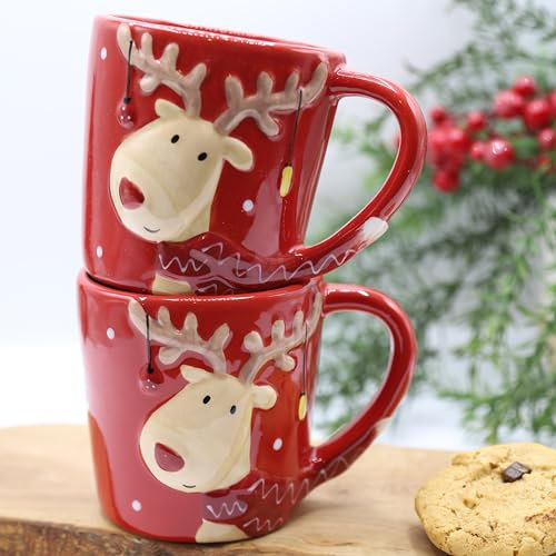 Fyne-Finds Ceramic Red Reindeer Mug 300ml Coffee Tea Cup Christmas Novelty Table Decor Xmas Gift (Set of 2)