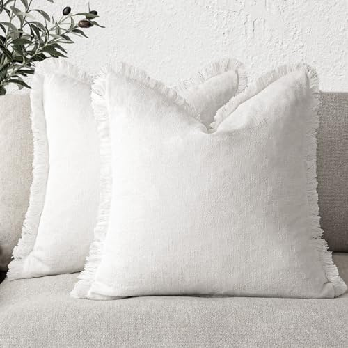 Foindtower Dekorative Leinen-Kissenbezüge im Boho-Stil mit Fransen, Landhaus-Kissenbezug mit Quasten, weich, für Couch, Sofa, Bett, Wohnzimmer, Inneneinrichtung, 2 Stück, 50,8 x 50,8 cm, Cremeweiß