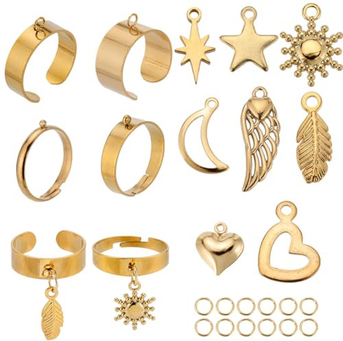 SUNNYCLUE 8 SET 36PCS Or Bagues Breloque Ensemble Acier Inoxydable avec Charme Anneaux Pendants en Étoile en Métal Lune Coeur Pendantes Réglables Bague de Déclaration Mode Ouverte pour Femmes Hommes