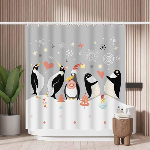 Woutay Duschvorhang, schimmelresistent, fröhlicher Pinguin, wasserabweisender Stoff, Polyester, mit 12 Kunststoffhaken