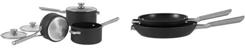 Ninja ZEROSTICK Stackable Cookware 3-Piece Pan Set, Non-Stick, 3 Saucepans, 16cm, 18cm and 20cm & ZEROSTICK Stackable Cookware Frying Pan 2-Piece Set, Non-Stick, Space Saving, 20/26cm Frying Pans