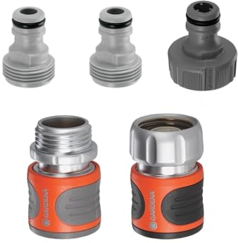 Gardena 18271-80.000.00 5 Piece Quick Connector Premium Starter Set for Any 5/8 Inch or 1/2 Inch Garden Hose, Sprinkler or Spray Nozzle, Made in Germany, Orange/Black/Grey
