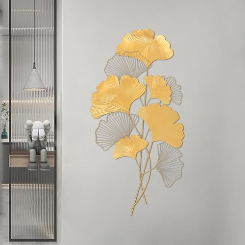 TESUGN Wanddeko Metall Gingko, Simulierte 3D Ginkgo Blätter Wall Decoration, Wanddeko Blätter Wandverzierung Wandskulpturen, Hängende Wandskulptur für Wohnzimmer, Büro, Schlafzimmer, 110x55 cm
