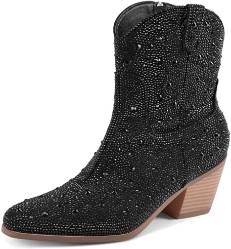 RONILURN Stivali da donna con strass, stivaletti da cowboy alla caviglia, stivali da donna, stile western, scintillanti, luccicanti, tacco basso, con cerniera laterale, comodi, Caviglia nera, 44 EU
