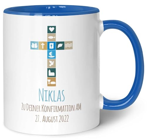 GRAVURZEILE Bedruckte Tasse - Zur Konfirmation V2 - Personalisiert mit Name & Datum - Gastgeschenk zur Kommunion Konfirmation Firmung - Geschenk für Jungen Mädchen - Farbe: Blau