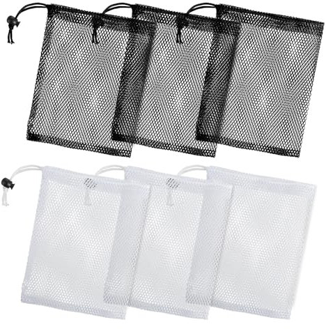 oruola 6 Pcs Petit Sac De Cordon en Maille,Sacs en Maille Avec Cordon de Serrage,Petit Sac Rangement Jouet,Sac en Maille en Nylon Durable pour Petits Jouets et Bonbons,20 * 15cm(3 Noirs 3 Blancs)