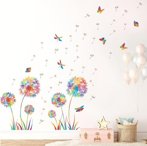 KAIRNE Pusteblume Wandsticker,Wandtattoo Kinderzimmer Mädchen,Löwenzahn Pflanzen Wandtattoo,Blumen Schmetterling Wanddeko,Bunt Wandaufkleber Löwenzahn für Wohnzimmer Schlafzimmer Fenster Wanddeko