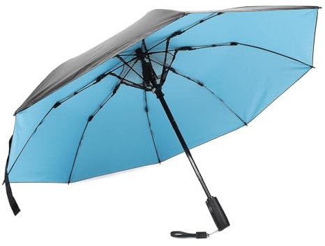 Fockety Paraguas para el sol, Ventilador Personal Incorporado 2 Velocidades Ajustables USB Recargable Paraguas de Lluvia Parasol Cortaviento con Ventilador (BLUE)