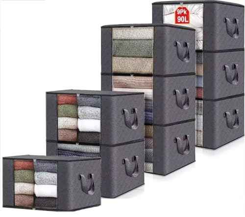 Casabella 90L Storage Bags - 9 Pack Clothes Storage Bags with Lids, Large Capacity Foldable Wardrobe Storage, Packing Boxes for Moving House Reinforced Handles & Clear Window for Blankets, Grey