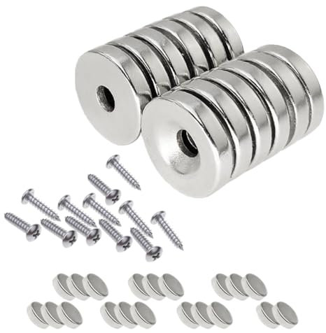 32 Piezas Imanes Permanentes de Tierras Raras Set, Permanente Raro Imán Potente Recipiente Avellanado con 12 Tornillos, Redondeado Imanes de Neodimio para Pizarra Blanca Nevera(5mm/10mm)
