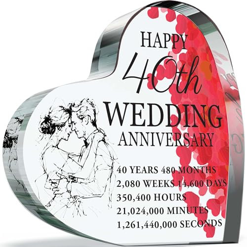 40th Anniversary Plaque Gifts for Wife Husband - Happy Ruby Wedding Anniversary - I Love You Romantic Acrylic Heart Gift For Women Men, 100mm x 100mm Present For Couples Fortieth Anniversaries