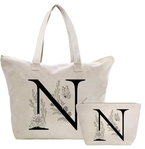 Personalizadas Bolso Tote de Mujer con Inicial, Bolsa de lona con Bolsillo Interior, Bolsa de Compras con Bolso de Cosméticos, Regalos para Damas Mejor Amigas Mamá, Regalo Cumpleaños Navidad N