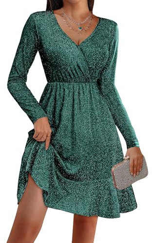 ZEAGOO Kleider Damen Festlich V Ausschnitt Kleid Elegante Glitzer Kleid Halloween Partykleid Langarm Paillettenkleid Sexy Cocktailkleid GrünerSee S