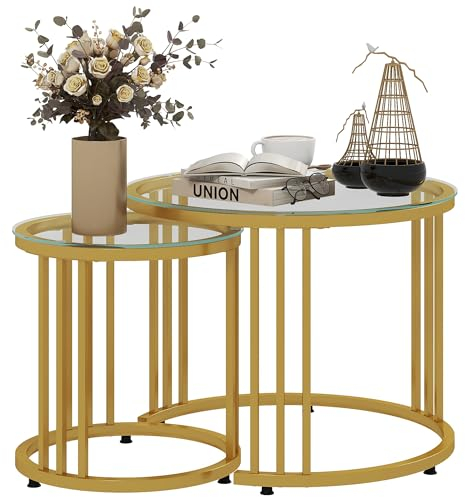 HOMCOM Couchtisch 2er-Set, Stapelbar Beistelltisch mit Stahlgestell, Kaffeetisch, Wohnzimmertisch für Büro, Schlafzimmer, Gold