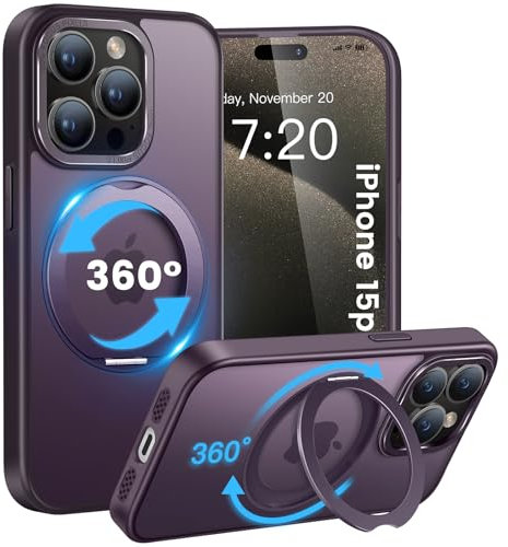 HuwaiH handyhülle für iPhone 15 pro Hülle, [360° Magnetischer Ring Ständer ] [mit Mag-Safe] [Transluzente Matte] Stoßfeste Kratzfeste Schutzhülle für iPhone 15 pro (Dunkel Lila)