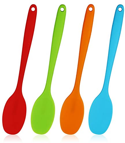 4 pcs Silicone Spoons,11inches Mixing Spoons Heat Resistant Baking Serving Spoon Silicone Cooking Tools One Piece Design Silicone Spoon for Kitchen Cooking Stirring (27.7cm Long)
