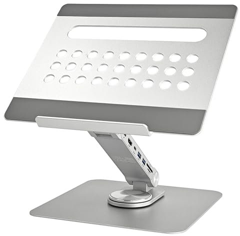 Ewent Support Ordinateur Portable 10-16 Réglable en Alliage d'Aluminium, Support avec Docking Station pour PC 7-en-1, Refroidissement Rapide, Pliable Ergonomique Rotation à 360°, Base Antidérapante