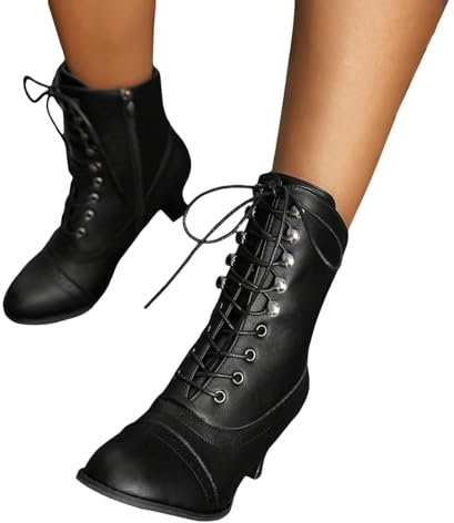 Generisch Damen Vintage Gothic Western Stiefel Schnüren Ankle Stiefel Mit Absatz Schwarz 39 EU