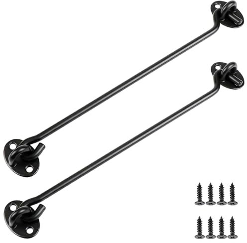 2 Pcs Hook and Eye Latch,10 Inch Black Latch Hook, Heavy Duty Solid Thicken Gate Hook and Eye Latch with Mounting Screws, Gate Hook for Sliding Door Outdoor Window Wooden Fence
