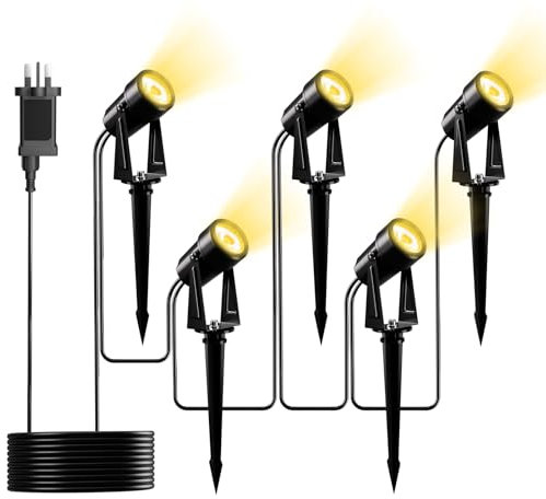 Yuusei Garden Lights Mains Powered, 5 in 1 Pack 17M Extendable Outdoor Spotlight, 3000K Warm White 27V LED Driveway Lights, IP65 Waterproof for Pathway, Fence, Pond, Yards