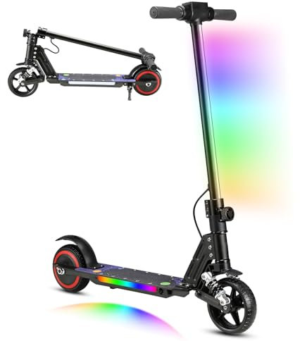 scoot4kids Elektroroller für Kinder, 6-12 Jahre, 130W, 14 km/h Höchstgeschwindigkeit, 8km Reichweite, Bunte LED-Leuchten, Faltbares, E-Scooter für Jungen und Madchen, Geschenk für Kinder (Schwarz)