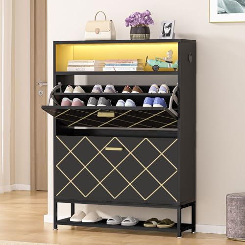 Vicye Meuble à Chaussures, Meuble Chaussure Entrée Étroit avec LED Colorées, 24 Paires de Chaussures, 2 Portes Rabattables et Pieds Métal, Meuble Chaussures en Bois pour Couloir, Salon, Chambre, Noir