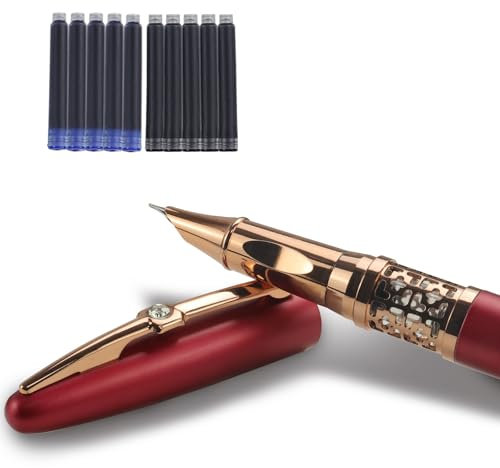 YUN CHUN Refillable Fountain Pen Fine Nib, Fancy Ink Pen with 5 Black & 5 Blue Ink Refills Cartridges, Cool Ink Pens for Writing, Business Metal, Best Gift Set for Men & Women, Red